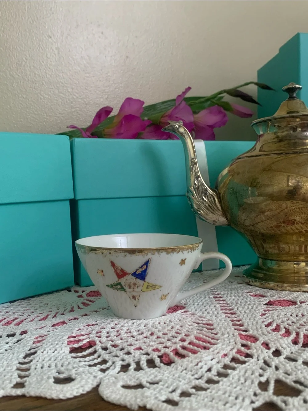 White Porcelain Teacup with Gold Trim and Multicolor Masonic Eastern  Star Accen